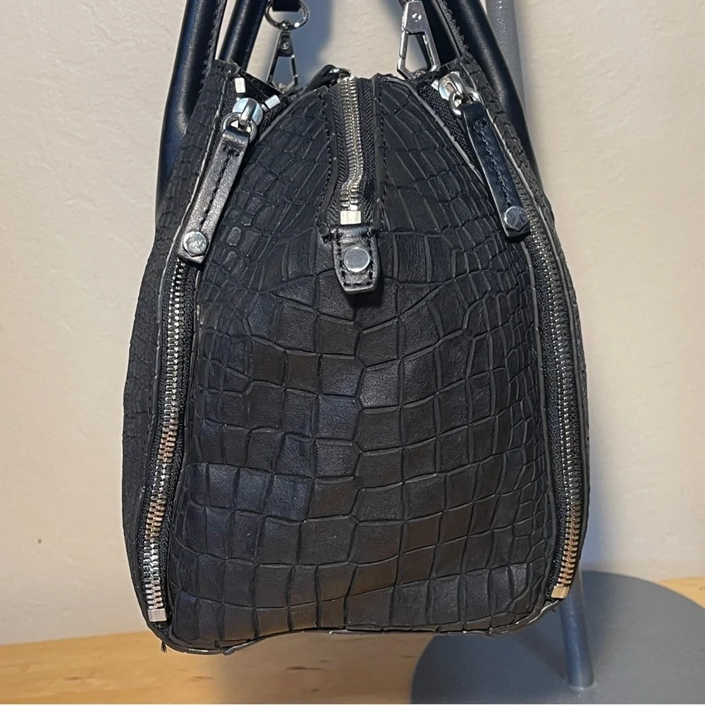 Rebecca Minkoff Perry Croc Embossed Leather Satchel Black Top Handle Crossbody